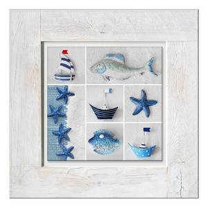 Afbeelding achter glas Maritieme Mix iI Blauw - Meerkleurig - Massief hout - 50 x 50 x 2.1 cm