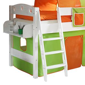 Lit ludique Diplo Pin massif - Vernis blanc - Avec toboggan, tour et accessoire textile - Vert / Orange