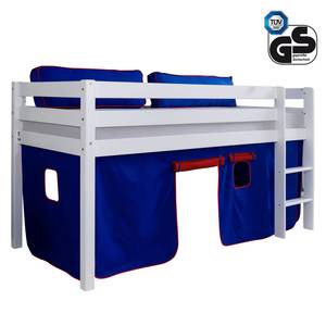 Letto rialzato Alex Legno massello di faggio laccato bianco - Con tenda blu/rosso