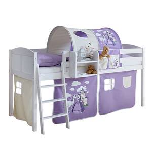 Lit surélevé Eric Motif Pin massif / Tissu Blanc Mauve Avec matelas & tunnel