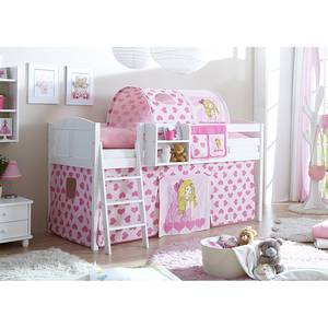 Lit surélevé Eric Motif Pin massif / Tissu Blanc Rose vif