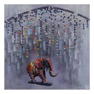 Afbeelding Elefant in the rain Blauw - Grijs - Textiel - 80 x 80 x 3.8 cm
