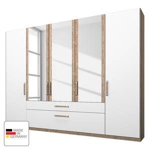 Kledingkast Lea met lades Lichte San Remo eikenhouten look/alpinewit - Breedte: 250 cm - 5 deuren - 3 spiegeldeuren