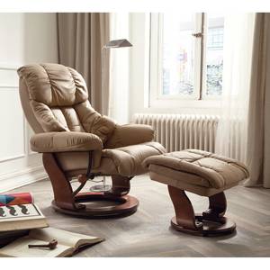 Relaxfauteuil Grunewald (met hocker) echt leer/kunstleer - Bruin/walnoothouten look