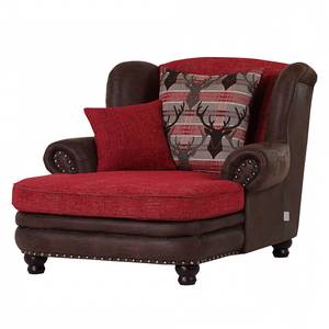 Fauteuil à oreilles Laurence XXL Aspect vieux cuir marron foncé / Tissu rouge