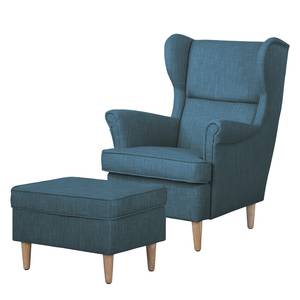 Fauteuil à oreilles Juna I Tissu Beige - Bleu jean - Avec repose-pieds