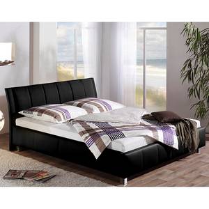 Lit rembourré Sevilla Cuir synthétique - Noir - 100 x 200cm - Avec sommier à lattes & matelas - Matelas de mousse froide