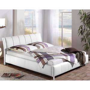 Lit rembourré Sevilla Cuir synthétique - Blanc - 100 x 200cm - Avec sommier à lattes & matelas - Matelas à ressorts Bonnell