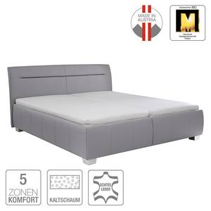 Lit capitonné Tabea Cuir véritable - Gris - 200 x 200cm - Avec sommier à lattes & matelas - D2 souple