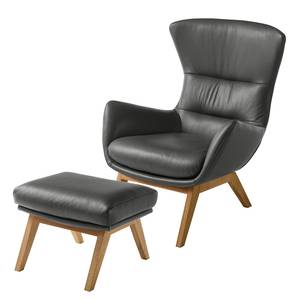 Fauteuil HEPBURN met houten pootjes echt leer - Echt leer Neka: Grijs - Donkere eikenhout