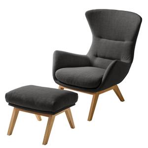 Hocker HEPBURN met houten pootjes geweven stof - Geweven stof Milan: Antraciet - Donkere eikenhout