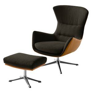 Fauteuil HEPBURN met kruisvoet geweven stof/echt leer - Stof Saia / Leer Neka: Zwart-Bruin / Cognackleurig - Chroomkleurig glanzend