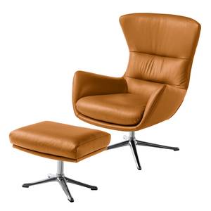 Fauteuil HEPBURN met kruisvoet echt leer - Echt leer Neka: Cognackleurig - Chroomkleurig glanzend