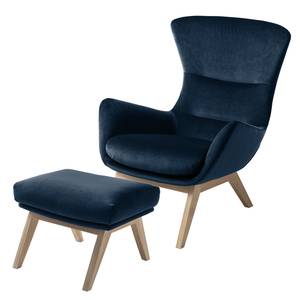 Fauteuil Hepburn I fluweel - Velours Shyla: Donkerblauw - Lichte eikenhouten