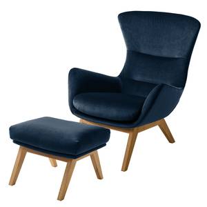 Fauteuil Hepburn I fluweel - Velours Shyla: Donkerblauw - Donkere eikenhout