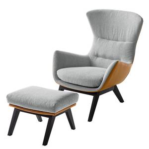 Hocker HEPBURN met houten pootjes geweven stof/echt leer - Zwart