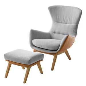 Fauteuil HEPBURN met houten pootjes geweven stof/echt leer - Stof Saia / Leer Neka: Lichtgrijs / Cognackleurig - Donkere eikenhout