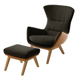 Hocker HEPBURN mit Holzfüßen Webstoff Saia / Echtleder Neka: Schwarz-Braun / Cognac - Eiche Dunkel