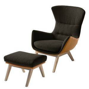 Fauteuil Hepburn I geweven stof/echt leer - Zwartbruin/Cognackleurig - Lichte eikenhouten