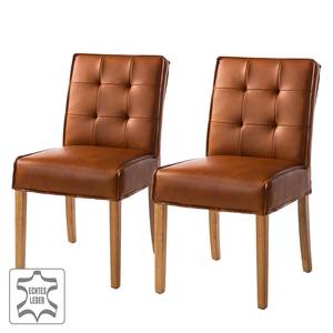 Chaises capitonnées Wiluna (lot de 2) Cuir véritable - Chêne massif - Cognac / Chêne - Cuir véritable