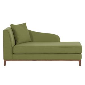 Chaise longue Blomma rolijfgroene geweven stof - armleuning vooraanzicht links - frame: notenboomhoutkleurig