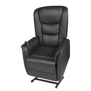 Tv-fauteuil Sylt (met motor en opstahulp) - zwart echt leer - zwart echt leer - Esdoornhouten look/oranje