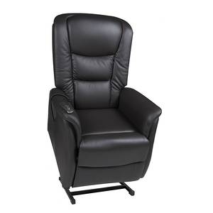 Tv-fauteuil Sylt (met motor en opstahulp) - zwart echt leer - zwart echt leer - Esdoornhouten look/oranje