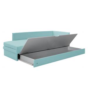 Schlafsofa Guest Webstoff Babyblau - Armlehne davorstehend rechts - 4 Kissen