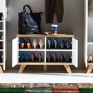 Banc range-chaussures Neston Partiellement en chêne massif - Blanc mat / Imitation chêne Sanremo