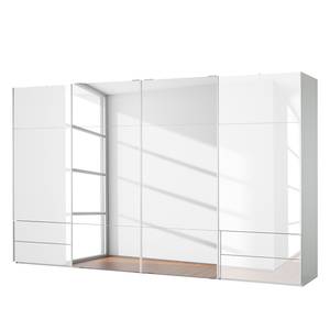 Armoire à portes coulissantes Samaya Verre blanc / Blanc - 399 cm (4 porte) - 223 cm - Avec portes miroir - Verre blanc / Blanc - 399 x 223 cm - Avec portes miroir