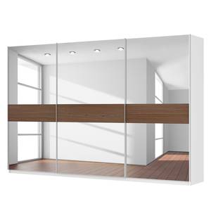 Schwebetürenschrank SKØP Alpinweiß / Spiegelglas / Nussbaum Royal Dekor - 360 x 236 cm - 3 Türen - Comfort