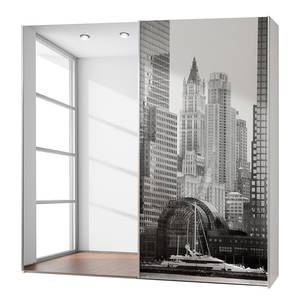 Armoire à portes coulissantes Vertigo Porte miroir et noir / Blanc imprimé NYC - Largeur : 236 cm