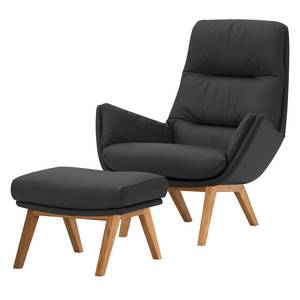 Fauteuil GARBO met houten pootjes Echt leer Neka: Grijs - Donkere eikenhout