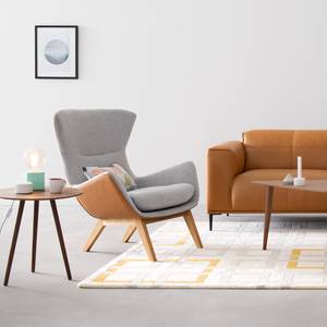 Fauteuil HEPBURN met houten pootjes geweven stof/echt leer - Stof Saia / Leer Neka: Lichtgrijs / Cognackleurig - Donkere eikenhout