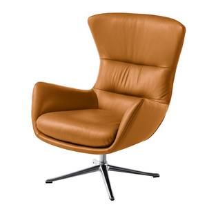 Fauteuil HEPBURN met kruisvoet echt leer - Echt leer Neka: Cognackleurig - Chroomkleurig glanzend