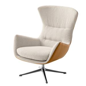 Fauteuil HEPBURN met kruisvoet geweven stof/echt leer - Stof Saia / Leer Neka: Beige / Cognackleurig - Chroomkleurig glanzend