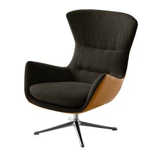 Fauteuil HEPBURN met kruisvoet geweven stof/echt leer - Stof Saia / Leer Neka: Zwart-Bruin / Cognackleurig - Chroomkleurig glanzend