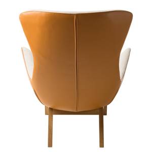 Sessel HEPBURN mit Holzfüßen Webstoff Saia / Echtleder Neka: Beige / Cognac - Eiche Dunkel