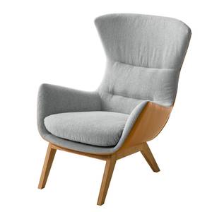 Fauteuil HEPBURN met houten pootjes geweven stof/echt leer - Stof Saia / Leer Neka: Lichtgrijs / Cognackleurig - Donkere eikenhout