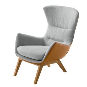 Fauteuil HEPBURN met houten pootjes geweven stof/echt leer - Stof Saia / Leer Neka: Lichtgrijs / Cognackleurig - Donkere eikenhout