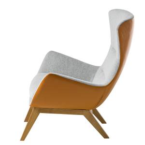 Fauteuil HEPBURN met houten pootjes geweven stof/echt leer - Stof Saia / Leer Neka: Lichtgrijs / Cognackleurig - Donkere eikenhout