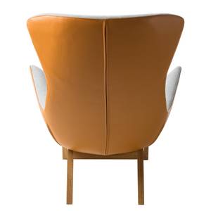 Fauteuil HEPBURN met houten pootjes geweven stof/echt leer - Stof Saia / Leer Neka: Lichtgrijs / Cognackleurig - Donkere eikenhout