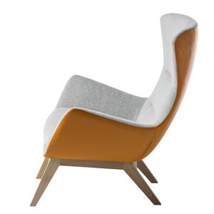 Fauteuil Hepburn I geweven stof/echt leer - Lichtgrijs/Cognackleurig - Lichte eikenhouten