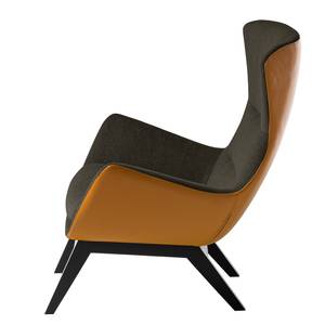 Fauteuil HEPBURN met houten pootjes geweven stof/echt leer - Zwart