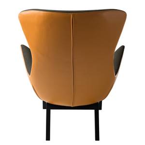 Fauteuil HEPBURN met houten pootjes geweven stof/echt leer - Zwart