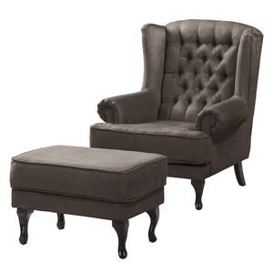 Fauteuil à oreilles Miscol Aspect cuir vieilli - Gris marron - Avec repose-pieds