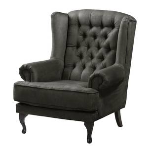 Fauteuil à oreilles Miscol Aspect cuir vieilli - Gris foncé - Avec repose-pieds