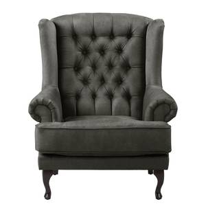 Fauteuil à oreilles Miscol Aspect cuir vieilli - Gris foncé - Avec repose-pieds