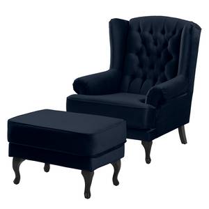 Fauteuil à oreilles Miscol Velours - Bleu foncé - Avec repose-pieds