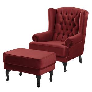 Fauteuil à oreilles Miscol Velours - Rouge - Avec repose-pieds